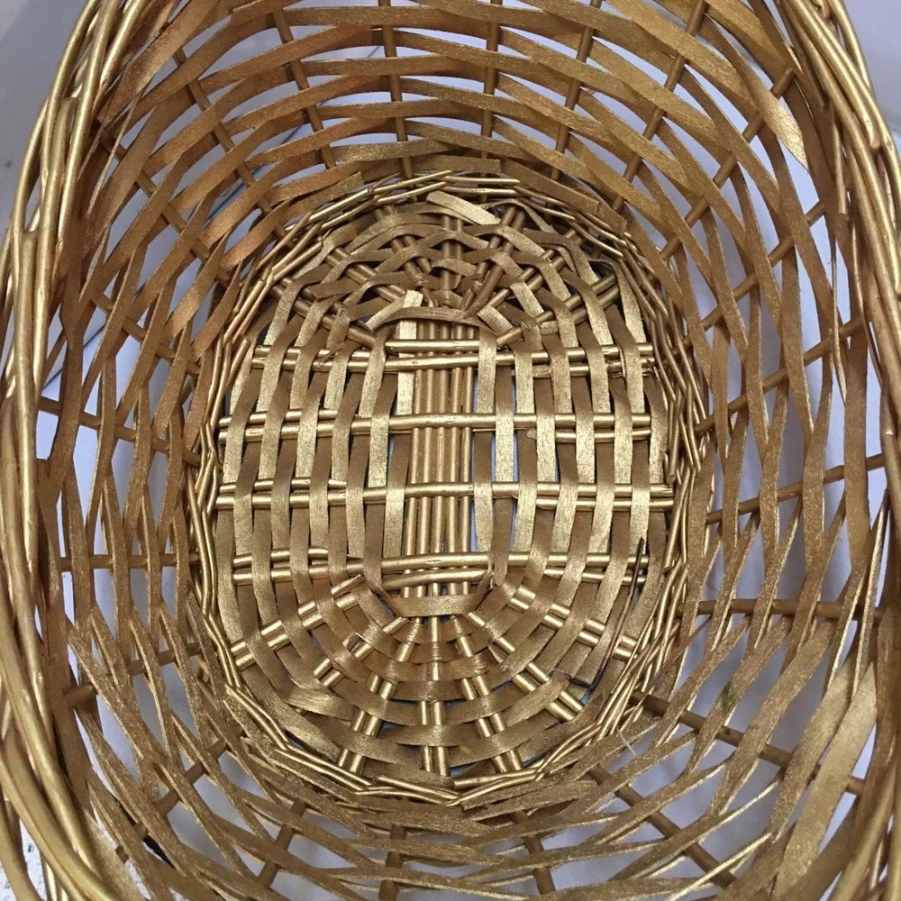 Woven Wicker Basket Home Decor OS Gold Metallic Oval Handled Storage Holiday